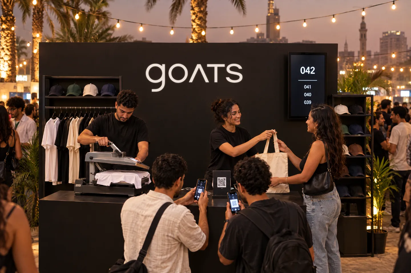 GOATS live printing stand at an event: a heat press, guests ordering from their phones via QR, and a printed tote bag being handed over