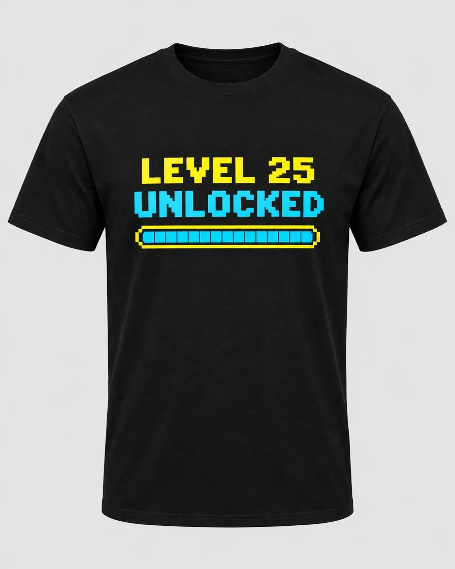 تيشيرت أسود مكتوب عليه LEVEL 25 UNLOCKED