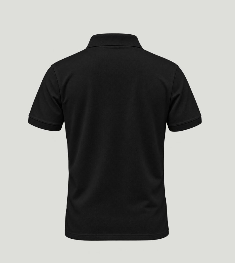 Back of the black polo — room for a company or staff name