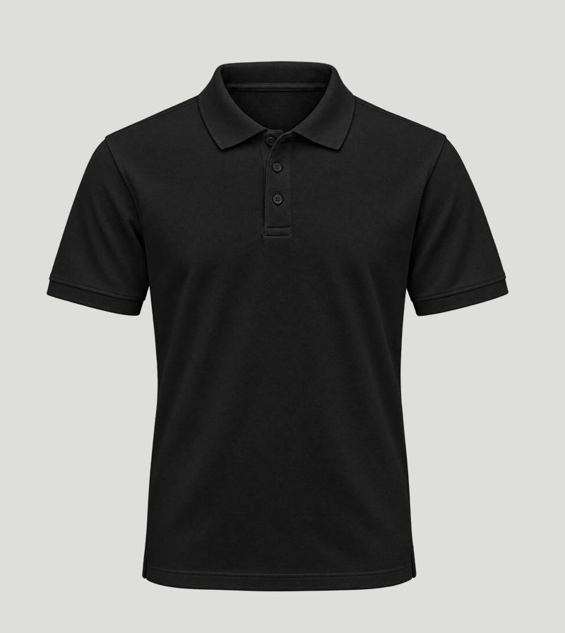 Black polo shirt — the chest logo spot