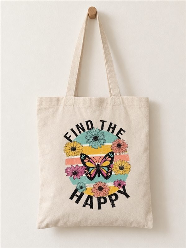 Tote printed with a colourful Find the Happy design